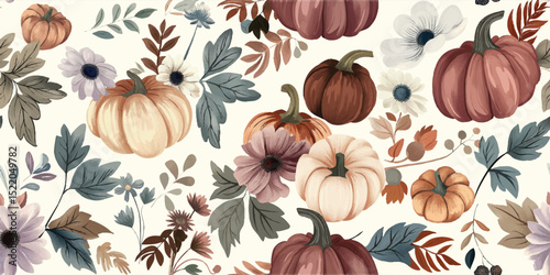 Elegant Autumn Pumpkins and Muted Florals Seamless Pattern. Rustic Fall Harvest Repeat Background for Seasonal Decor and Textiles