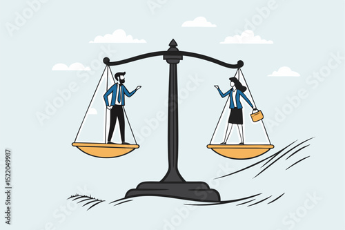 Gender equality, workplace fairness, justice or law, diversity corporate employee, comparison or balance scales, equilibrium concept, businessman and businesswoman colleagues on balance equal scales.