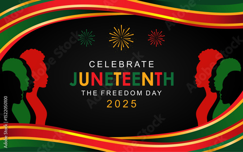 Juneteenth 2025 design with African American silhouettes and freedom colors, symbolizing liberation and unity. Juneteenth Freedom Day. June 19 2025 African American Liberation Day.