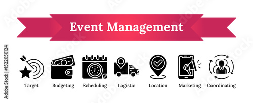 Glyph silhouette icon set illustrating core elements of event management including planning, scheduling, logistics, budgeting, marketing, and coordination for business or promotional use
