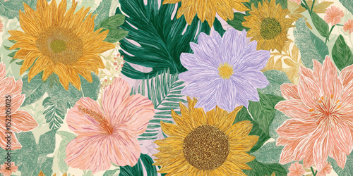 Lush Tropical Botanical Garden Seamless Pattern. Vibrant Exotic Flowers and Palm Leaves Repeat Background for Textiles, Decor, and Apparel