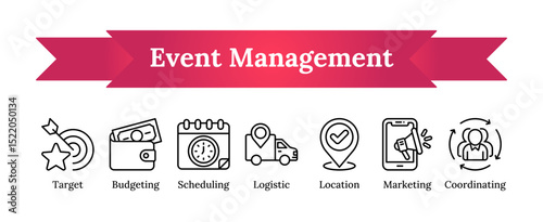 Outline icon set illustrating core elements of event management including planning, scheduling, logistics, budgeting, marketing, and coordination for business or promotional use