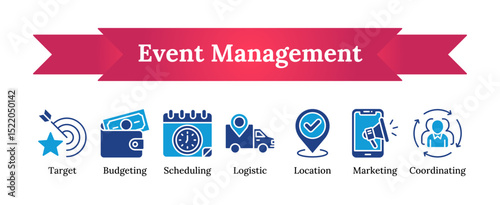 Dual Tone Fill icon set illustrating core elements of event management including planning, scheduling, logistics, budgeting, marketing, and coordination for business or promotional use