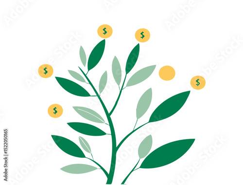 Growing money tree with leaves and coins symbolizes wealth and prosperity