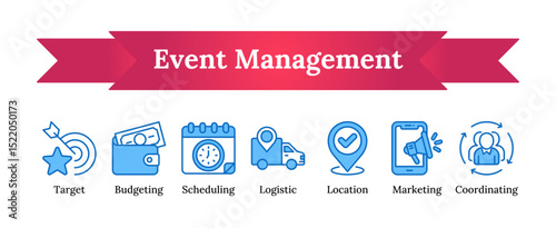 Blue Fill Outline icon set illustrating core elements of event management including planning, scheduling, logistics, budgeting, marketing, and coordination for business or promotional use
