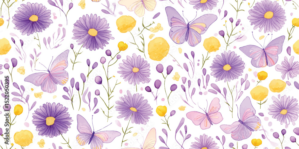 Whimsical Watercolor Butterflies and Wildflowers Seamless Pattern. Pastel Spring Garden Repeat Background for Textiles, Decor, and Stationery Whimsical Watercolor Butterflies and Wildflowers Seamless Pattern. Pastel Spring Garden Repeat Background for Textiles, Decor, and Stationery