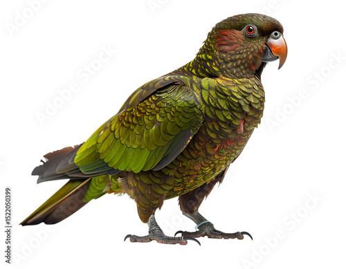 Colorful Kaka in Profile: A detailed, eye-level portrait of a vibrant Kaka, exhibiting its distinctive green and brown plumage, eye-catching orange beak, and perching gracefully.