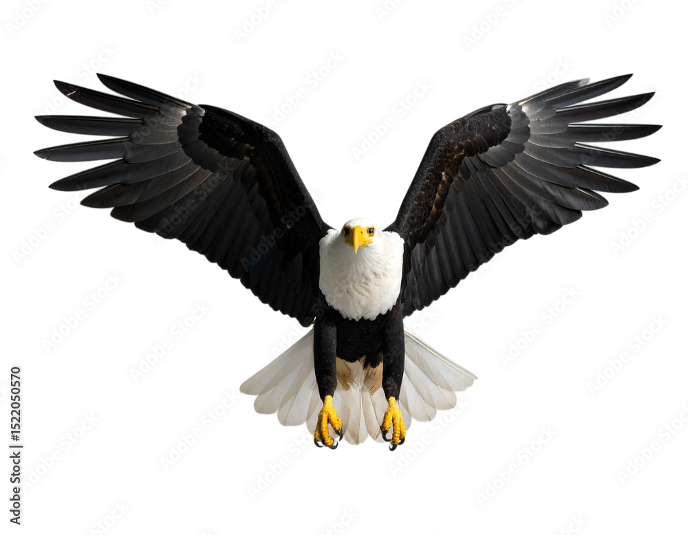 Fototapeta premium Majestic Eagle in Flight: A majestic bald eagle soars through the air, wings fully outstretched, showcasing its impressive size and power.