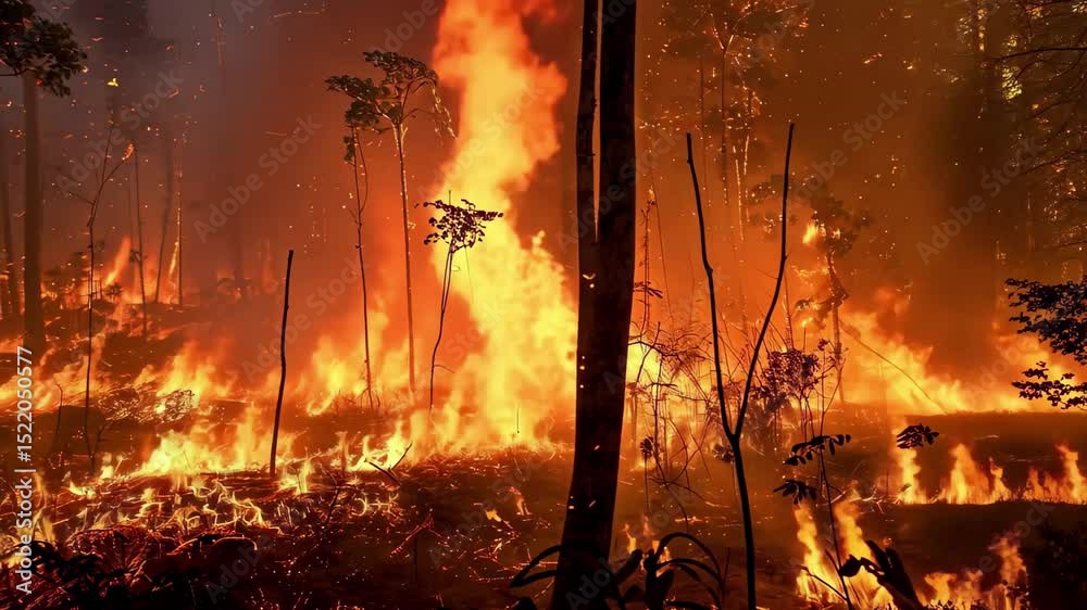 Rainforest fire disaster raging through densely wooded area, causing chaos and devastation during the night, with flames consuming vegetation and smoke billowing high into the sky