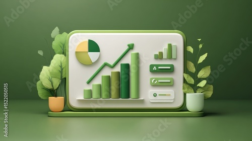Growth Visualization: A green-hued, illustrative rendering displays upward trending charts and graphs representing progress, growth, and financial success, perfect for business and investment visuals.