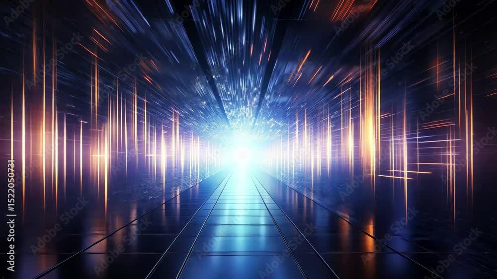 High-speed data transmission visualized in a one-point perspective, showcasing a futuristic corridor filled with vibrant light and dynamic patterns, evoking a sense of rapid movement and technology