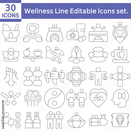  Wellness Line Editable Icons set. Contain icons related to remotely mental health related icons work life balance, selflove, meditation and more.