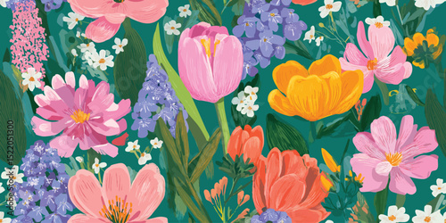Vibrant Maximalist Spring Garden Floral Seamless Pattern. Bold Contemporary Bloom Repeat Background for Wallpaper, Textiles, and Decor