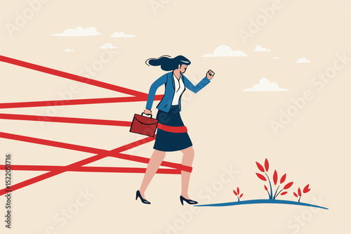 Gender barrier, woman career obstacle or inequality, limitation or discrimination, effort to overcome difficulty concept, strong businesswoman try with full effort to break red tape to growing in work