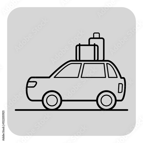 Simple line icon of car with two pieces of luggage on its roof, symbolizing preparation for road trip or vacation. Travel concept