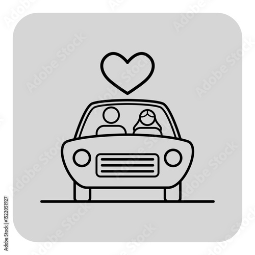 Couple seated inside car with heart symbol above them, conveying sense of love and connection. Joy of shared experiences while driving concept