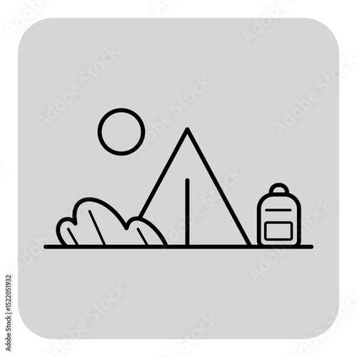 Simple line icon of camping area with tent, backpack, and sun above. Concept of outdoor adventure and leisure time spent in nature