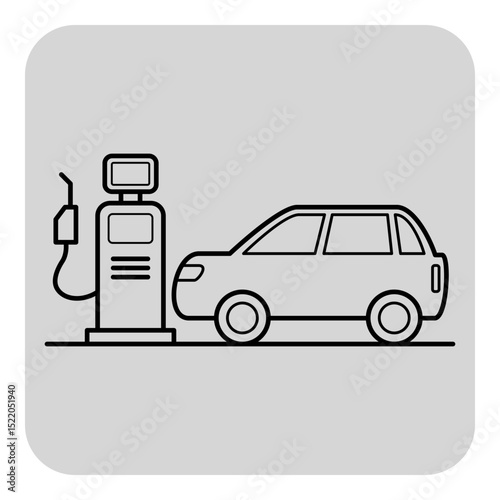 Car positioned next to gas pump ready for refueling. Gas station with display unit for pricing. Daily commutes or long trips concept