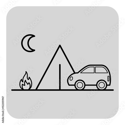 Campsite with tent set beside parked car with small fire nearby. Moon illuminating scene, creating peaceful outdoor atmosphere for relaxation
