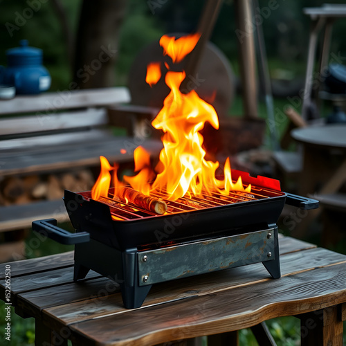 Flames rise from a barbecue grill placed on a rustic wooden table in an outdoor setting, ready for a cooking adventure with friends