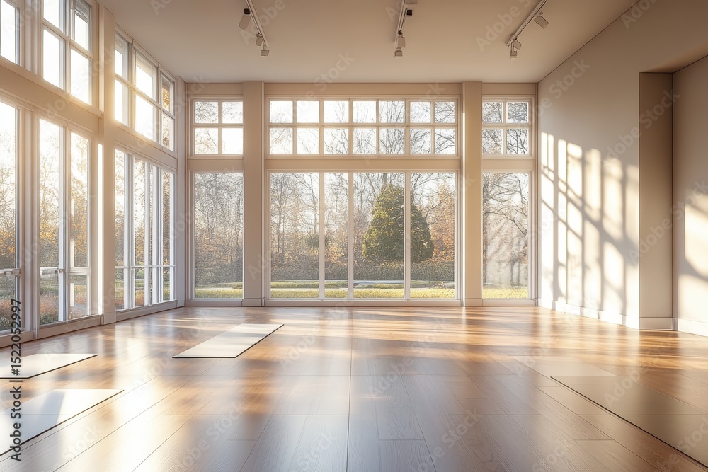 Fototapeta premium Sunlit yoga studio with expansive views and natural light for serene practice, Yoga studio with views and sunshine