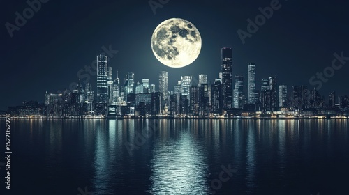 A full moon shines over a large city skyline at night