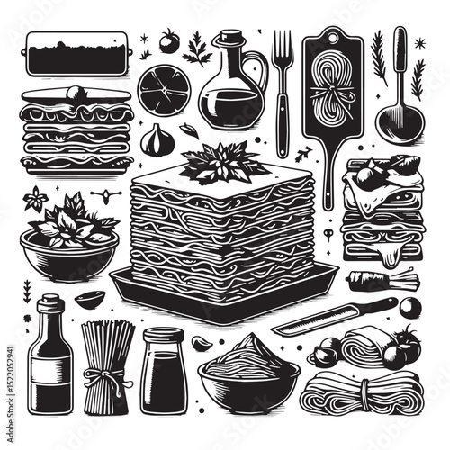 Lasagna and Italian Food Ingredients Black and White Illustration
