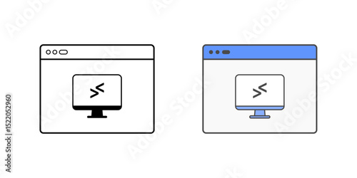 Remote access window icon in outline and color styles, vector symbol for remote login, virtual connection, system access from distance, and IT control interface.