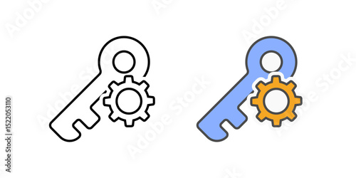 Security key with settings icon in outline and color styles, vector symbol for secure access, encryption setup, authentication tool, and system configuration.