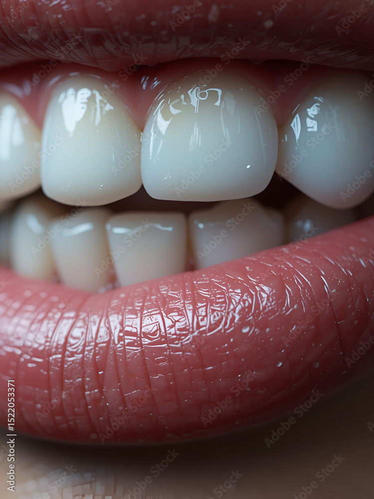 Fototapeta premium White teeth with lips close up macro on dark background.