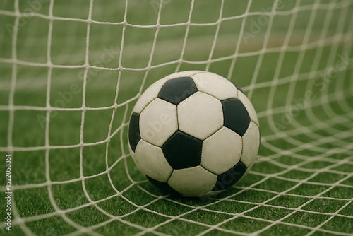 Soccer Ball in Goal Net A Stunning Close-Up Photograph of a Classic Sports Moment photo
