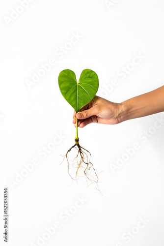 Heart-shaped leaf with roots held gently in a hand against a white background.