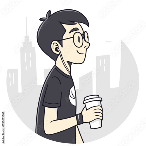 Young man with headphones and coffee in city illustration