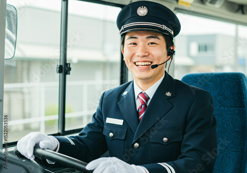 明るい笑顔で写るバス運転手