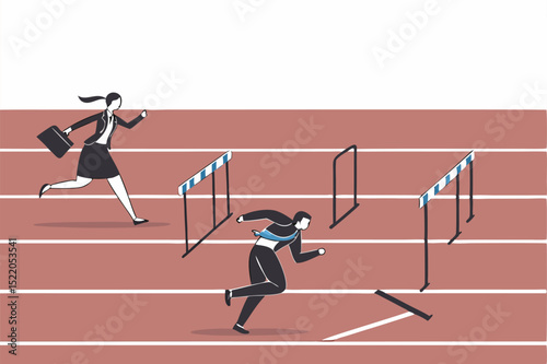Gender inequality woman or female discrimination, unfair opportunity or unequal, obstacle or difficulty for woman leadership concept, businesswoman compete with men with more difficulty hurdles.
