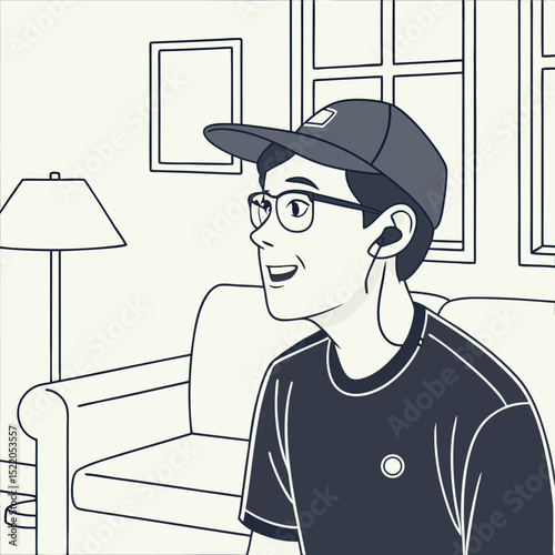 Young person sitting in living room graphic illustration
