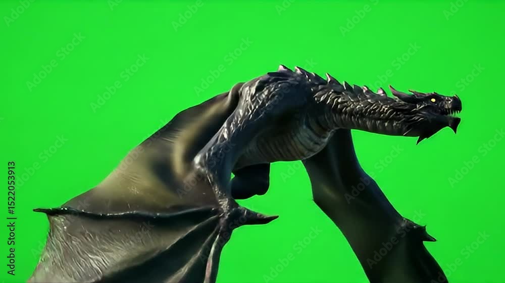 Mythical black dragon flying on a green screen background
