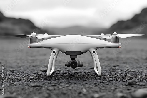 White drone mockup front view on gravel black and white

 photo