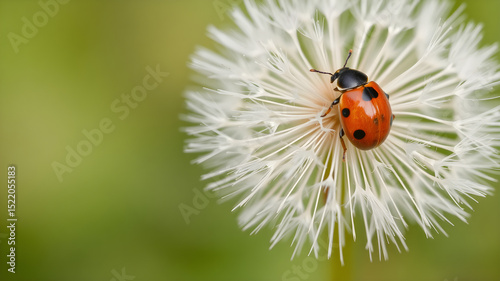Close-up photo of a ladybug on a dandelion, showing the wonder of small wildlife in nature. Banner with space for text.