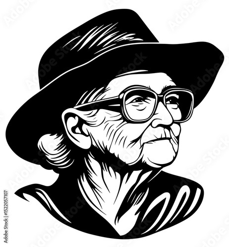 Elegant black and white logo design portraying wise elderly woman in stylish hat with glasses