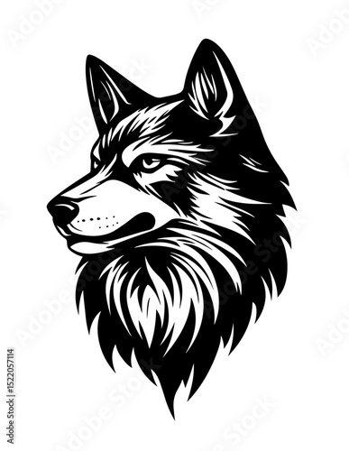 Intricate black and white logo design featuring a wolf's head with artistic flair and bold details
