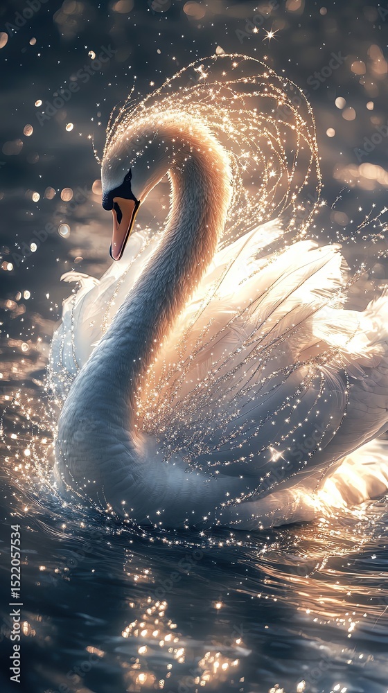 Fototapeta premium Elegant swan glimmers in serene water.