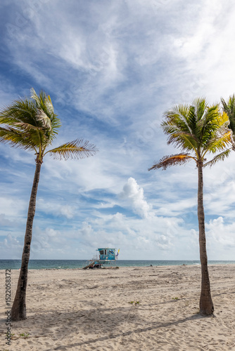 Fototapeta Naklejka Na Ścianę i Meble -  tropical beach with palm trees and a watchtower