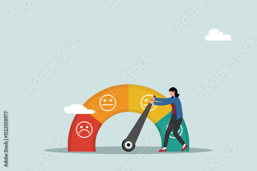 Performance rating or customer feedback, credit score or satisfaction measurement, quality control or improvement concept, strong businesswoman pull the string to make rating gauge to be excellent.
