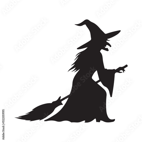 Flying Witch Silhouette on Broomstick Isolated on White Background