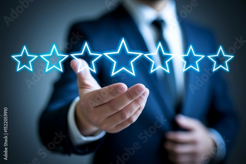 Businessman Presenting Five Shining Blue Stars, Excellent Rating, Customer Feedback