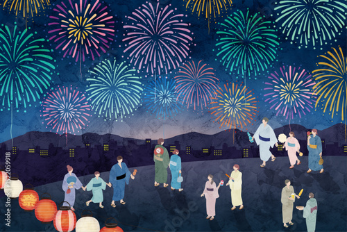 夏祭、花火大会の水彩風イラスト、日本の祭