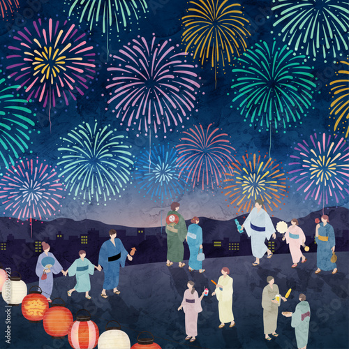夏祭、花火大会の水彩風イラスト、日本の祭