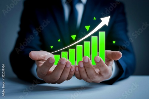 Businessman's Hands Holding a Growing Green Bar Graph with an Upward Arrow, Representing Financial Success and Growth.