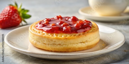 Softly golden crumpet topped with a generous pat of melted butter and a layer of juicy strawberry jam